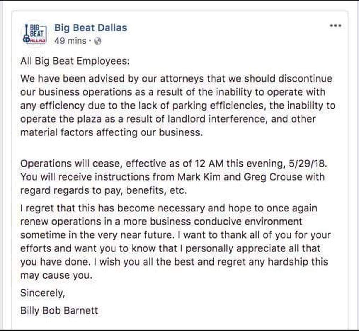 Billy Bob Barnett's Facebook post Tuesday.