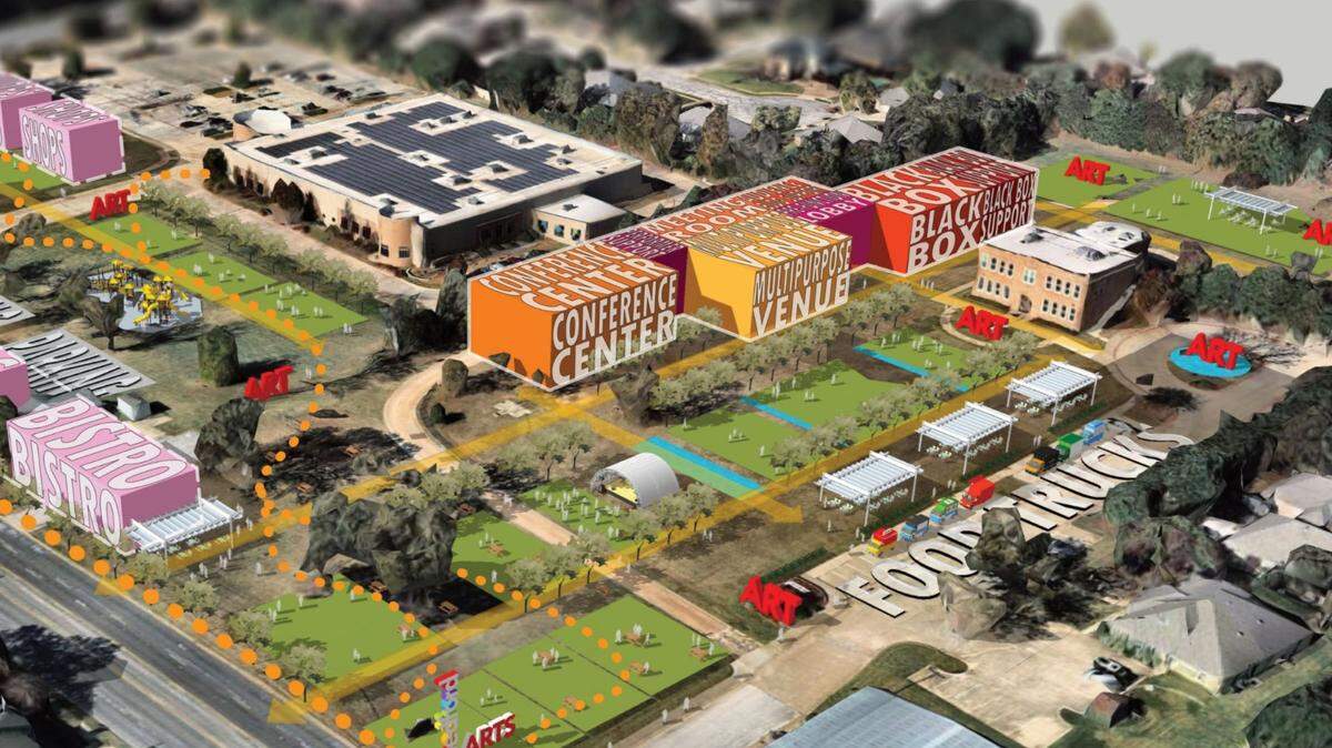Architect’s renderings show a proposed performing arts center in Bedford.