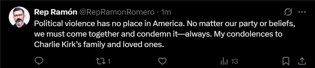 State Rep. Ramon Romero reacts to the death of conservative activist Charlie Kirk.