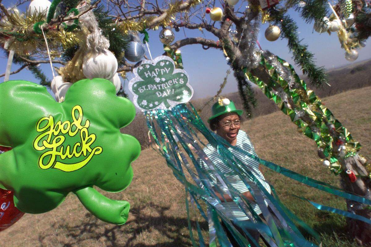 March 14, 2003: Ozell Everhardt, 70, a retired cafeteria worker for Fort Worth schools, puts finishing touches of St. Patrick’s Day decorations on the well known mimosa tree that sits on a small hillside alongside I-30 between Beach Street and Oakland Boulevard in east Fort Worth. The tree is regularly decorated for various holidays, and Everhardt has been wanting to try her hand for a while.