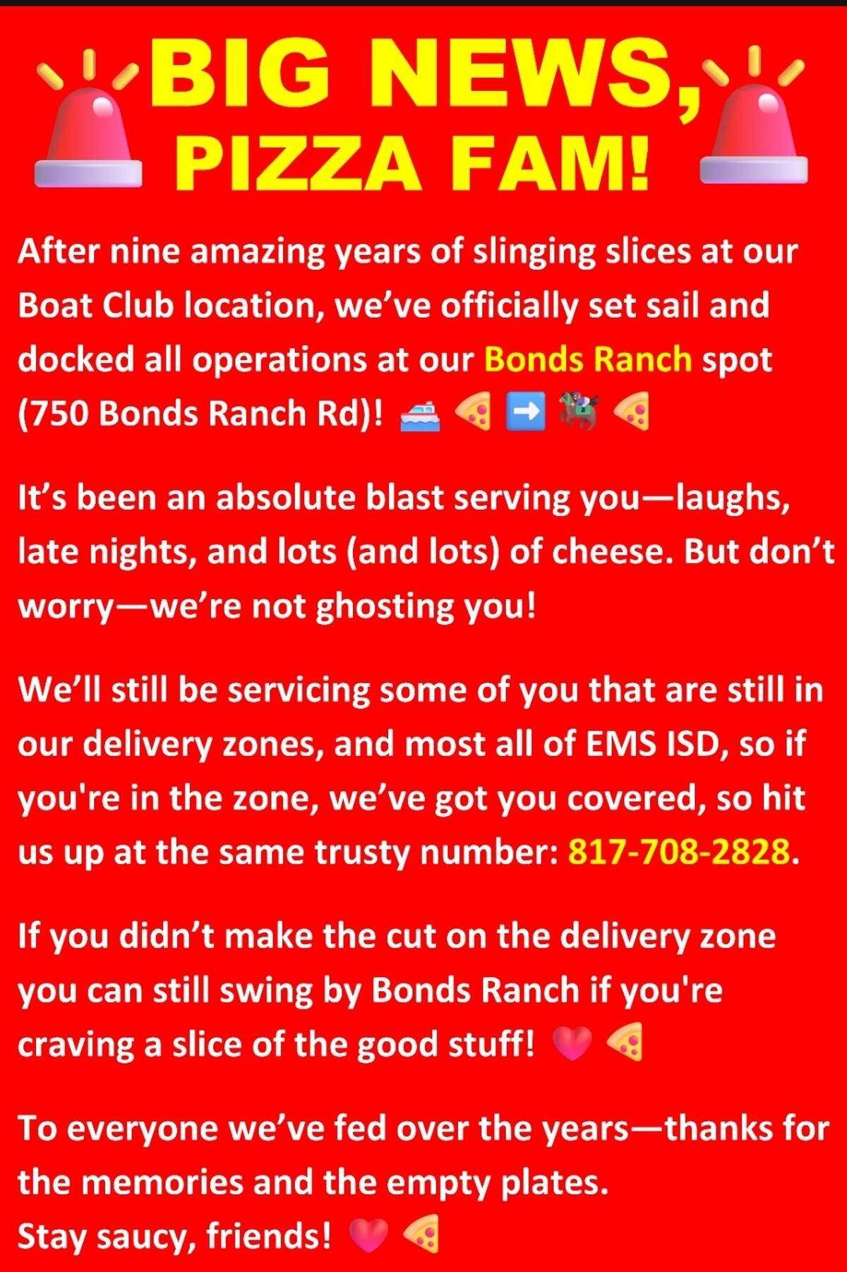 The Pizza Bistro Facebook statement on the location change. The restaurant is now located only at 750 W. Bonds Ranch Road in Haslet.
