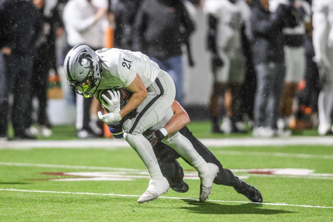 Denton Guyer receiver Cash Bird hauls in a reception against Byron Nelson in a Class 6A Division II regional semifinal Friday, Nov. 28, 2025, at Northwest ISD Stadium in Justin, Texas.