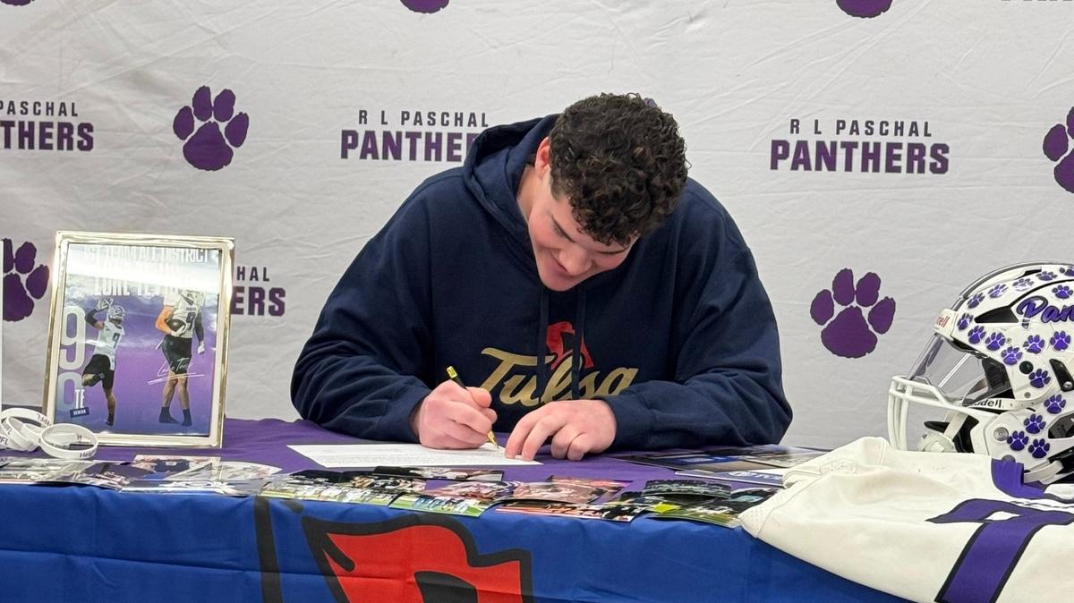 Paschal standout tight end Luke Tevis signs with Tulsa on Wednesday, Feb. 5, 2025.