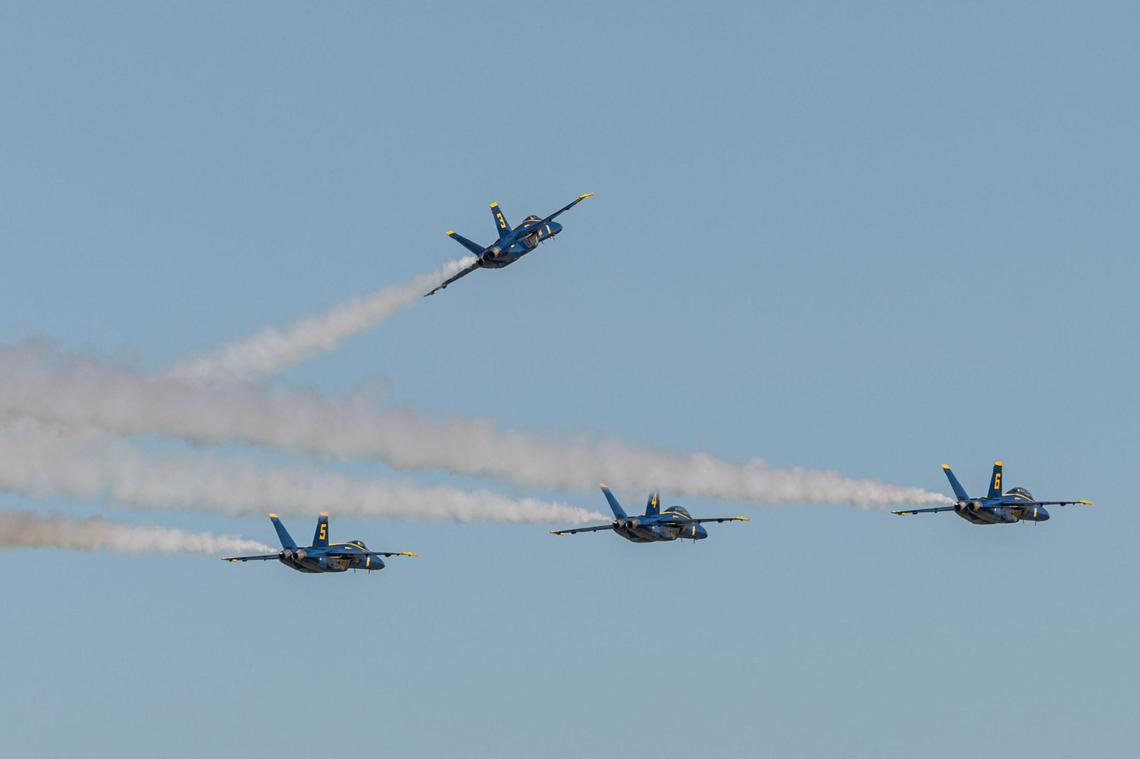 The Blue Angels begin a formation before landing during the ‘Wings over Cowtown’ Blue Angels airshow media day at the Naval Air Station Joint Reserve Base in Fort Worth on Thursday, April 11, 2024.