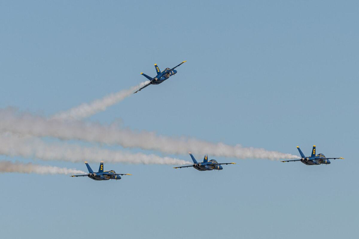 The Blue Angels begin a formation before landing during the ‘Wings over Cowtown’ Blue Angels airshow media day at the Naval Air Station Joint Reserve Base in Fort Worth on Thursday, April 11, 2024.