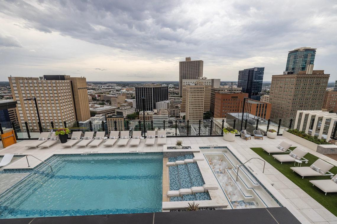 The courtyard pool on the 24th floor of the new Deco 969 High-Rise Apartments in downtown Fort Worth on Wednesday, July 17, 2024.