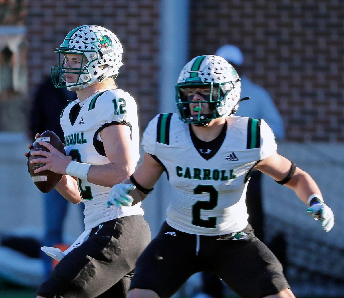 Southlake running back Owen Allen (2) guards quarterback Kaden Anderson’s (12) blind side as he looks for a receiver during a high school Class 6A Division 1 semifinal playoff game at McKinney ISD Stadium in McKinney, Texas, Saturday, Dec. 11, 2021. Duncanville led Southlake Carroll 21-3 at the half. (Special to the Star-Telegram Bob Booth)