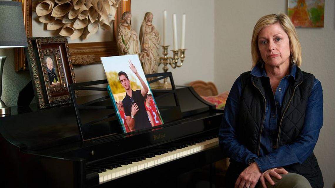 Lori Brown with a photo of her son, Harrison Brown, who was stabbed to death 10 months ago at  UT-Austin.  Brown lives in Graham, about 90 miles west of Fort Worth.