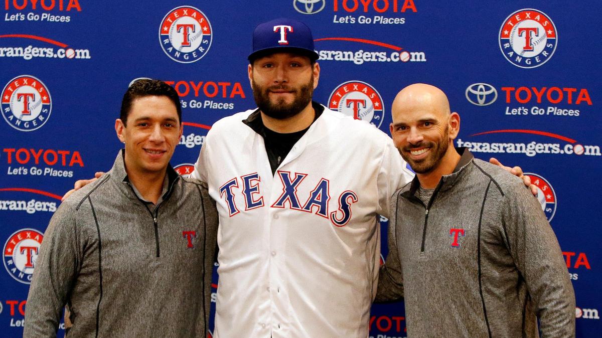 Texas Rangers general manager Jon Daniels, starting pitcher Lance Lynn and team manager Chris Woodard seen during a press conference to announce the signing of Lynn at Globe Life Park, Arlington, Texas, Tuesday, Dec. 18, 2018. Lynn was signed to a three year contract. (Star-Telegram Bob Booth)