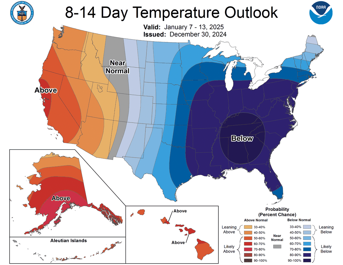 The 8-14 day temperature outlook from the Climate Prediction Center, which is valid from Jan. 7-13, 2025.