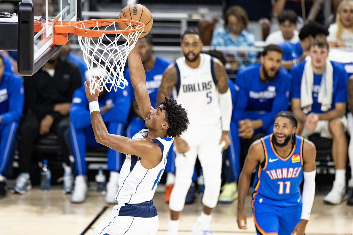 Mavericks guard Max Christie (00) goes up for a layup in the first half of a preseason NBA game between the Dallas Mavericks and Oklahoma City Thunder at Dickies Arena in Fort Worth on Monday, Oct. 6, 2025.