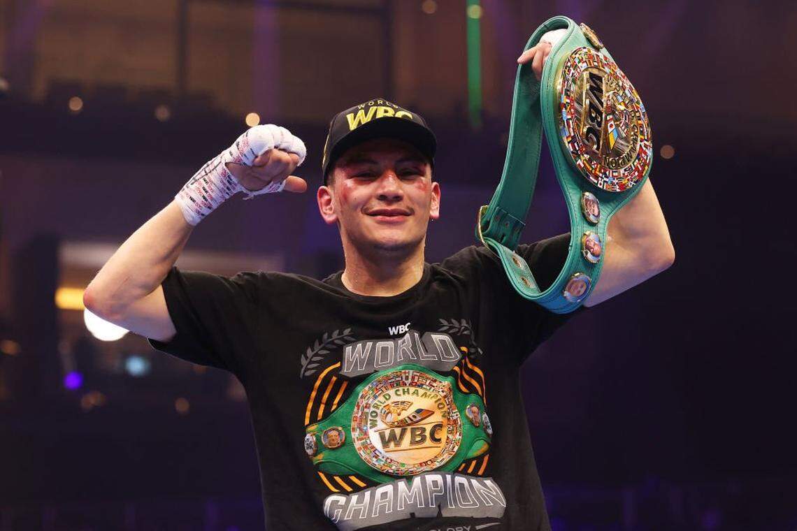 RIYADH, SAUDI ARABIA - FEBRUARY 22: Vergil Ortiz Jr celebrates victory with the title belt after the WBC Interim World Super Welterweight Title fight between Vergil Ortiz Jr and Vergil Ortiz Jr as part of Beterbiev v Bivol 2: The Last Crescendo at Kingdom Arena on February 22, 2025 in Riyadh, Saudi Arabia. (Photo by Richard Pelham/Getty Images)