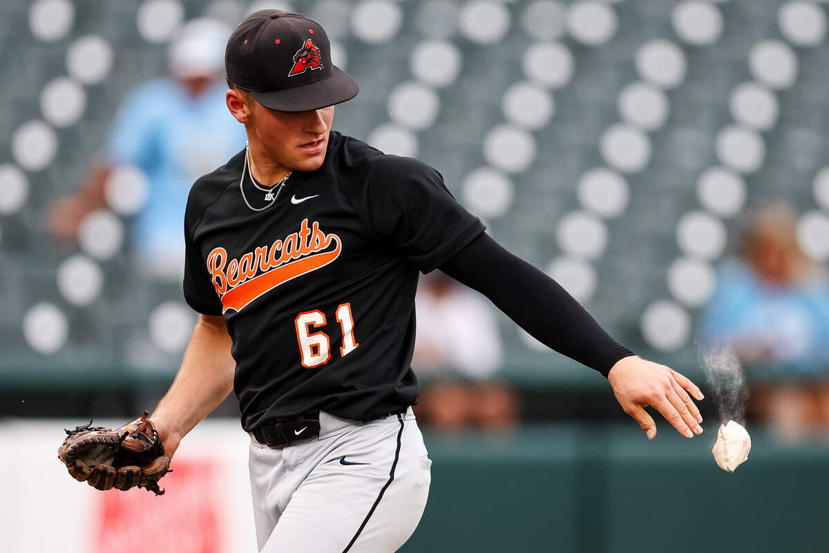 Aledo pitcher Lucas Nawrocki (61) tosses the rosin bag out of his hand before a pitch against Montgomery Lake Creek in the UIL Class 5A Division I baseball state championship game on Friday, June 5, 2026, at Dell Diamond in Round Rock, Texas.