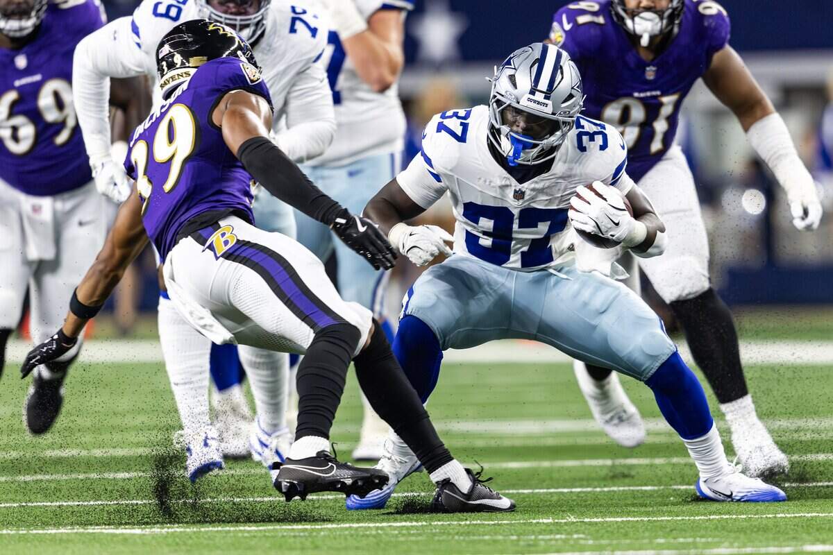 Cowboys running back Phil Mafah (37) runs upfield on a carry in the second half of an NFL preseason game between the Dallas Cowboys and the Baltimore Ravens at AT&T Stadium in Arlington on Saturday, Aug. 16, 2025,