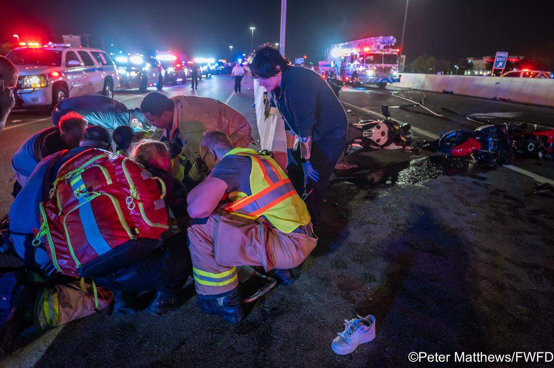 Seventeen people were injured when about 15 motorcycles crashed and caused a fire in the southbound express lanes of Interstate 35W in far north Fort Worth on Friday night, April 18, authorities said.