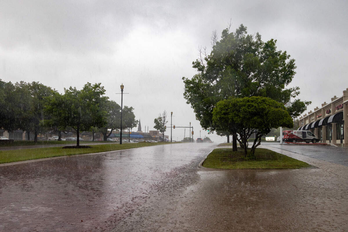 Rain pours down in Fort Worth on Wednesday, April 26, 2023. Hail, damaging winds and tornadoes could occur due to severe weather Wednesday evening.