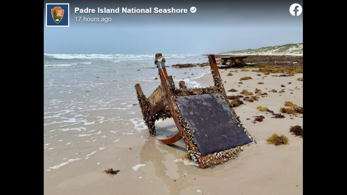 A barnacle-covered chair washed up on a beach in Padre Island, Texas, raising questions and fueling imaginations.