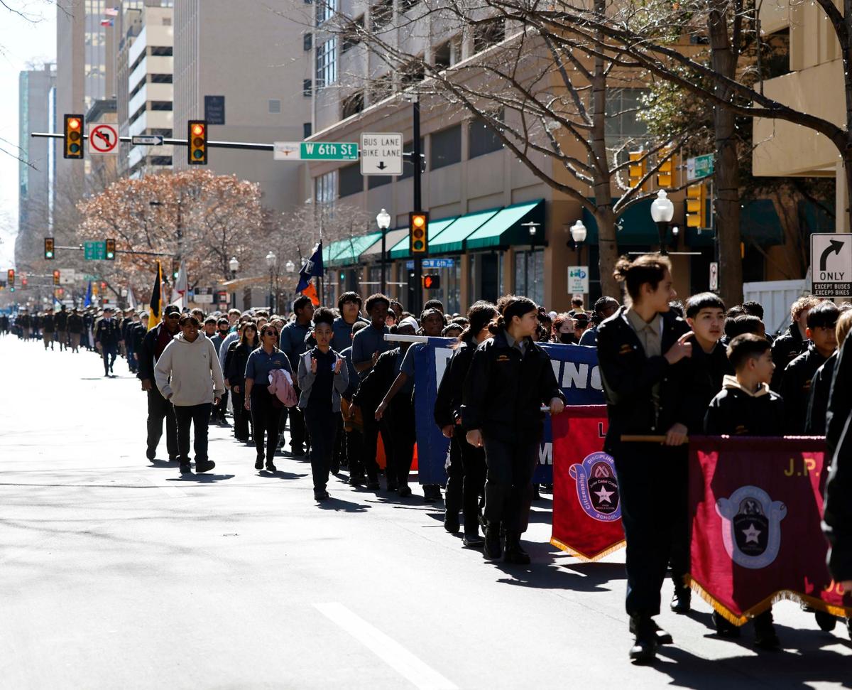 Fort Worth school marching bands stretched down Houston Street during the 2024 MLK parade in downtown Fort Worth on Monday.
