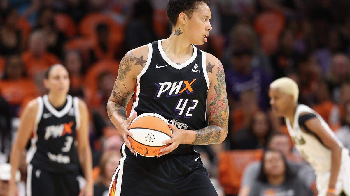 Brittney Griner (42) of the Phoenix Mercury handles the ball during the first half of the WNBA game at Footprint Center on May 21, 2023, in Phoenix.