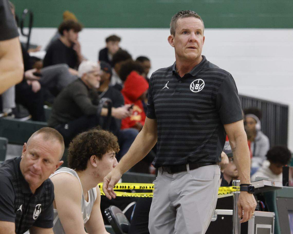 Birdville assistant coach Sean Tippett watches game action against Denton Ryan during the second half of a UIL basketball game at Birdville High School in North Richland Hills, Texas, Tuesday Feb. 17, 2026.