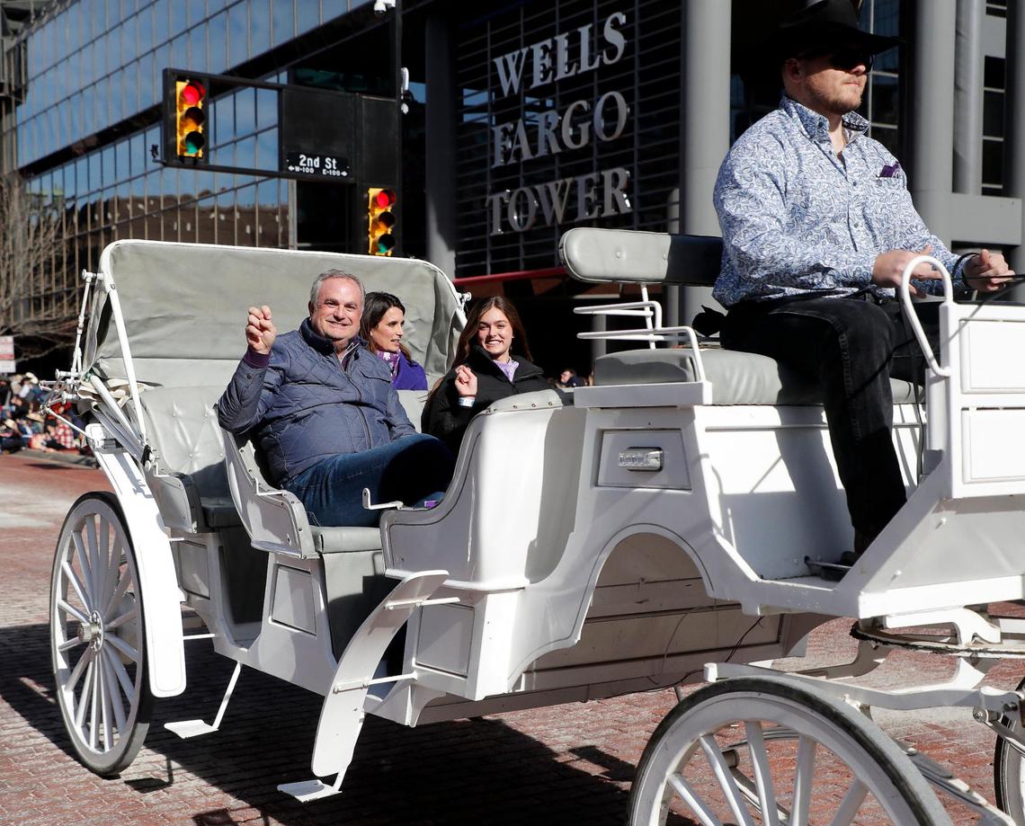 TCU head football coach Sonny Dykes rode in one of the earlier carriages during the 2023 Fort Worth Stock Show and Rodeo parade in downtown Fort Worth, Texas, Saturday, Jan. 14, 2023. (Special to the Star-Telegram Bob Booth)