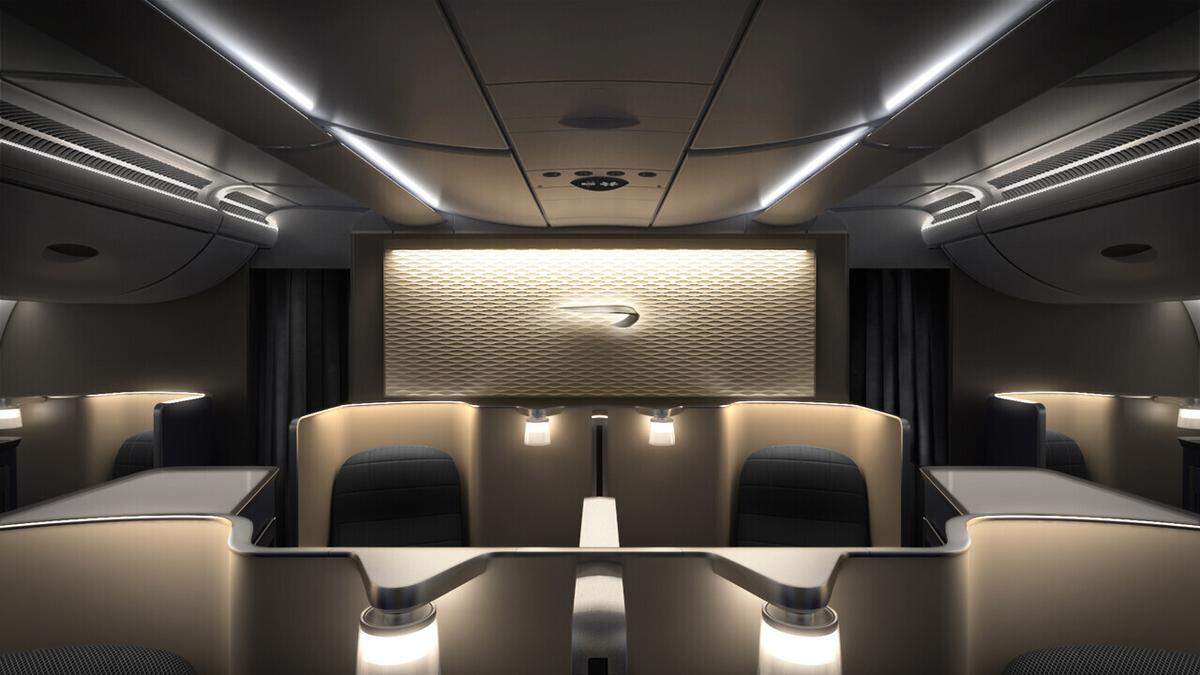 British Airways first class cabin on Airbus A380. Private suites have seats that recline into a bed.