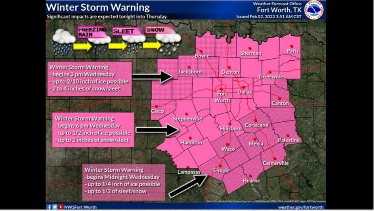 A winter storm warning is in effect from 6 p.m. Wednesday until 6 p.m. Thursday in Tarrant County, according to the National Weather Service in Fort Worth.