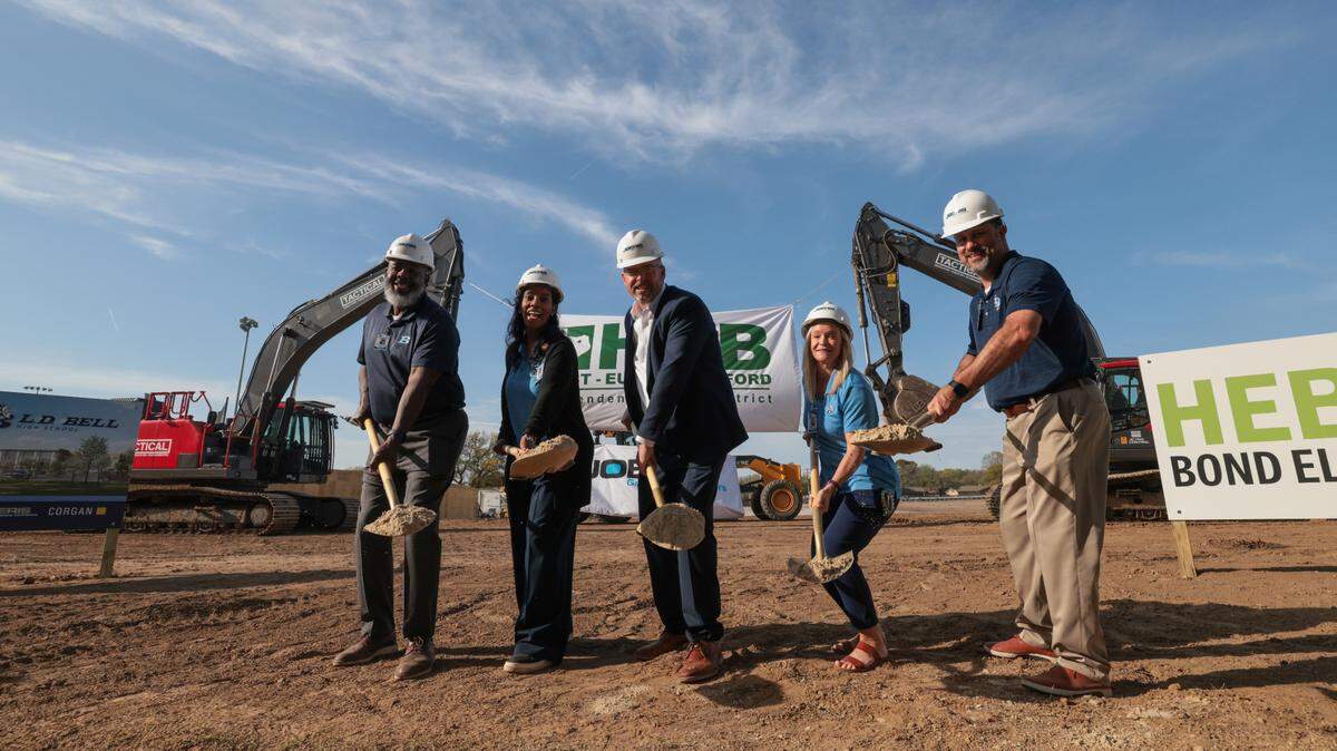 Hurst L.D. Bell principals attended the recent groundbreaking for the new school. Joining principal Randy Belcher, middle, were assistants, from left, Stephon Weatherspoon, Jade Wiseman, Julie Watson and Matt Vick.