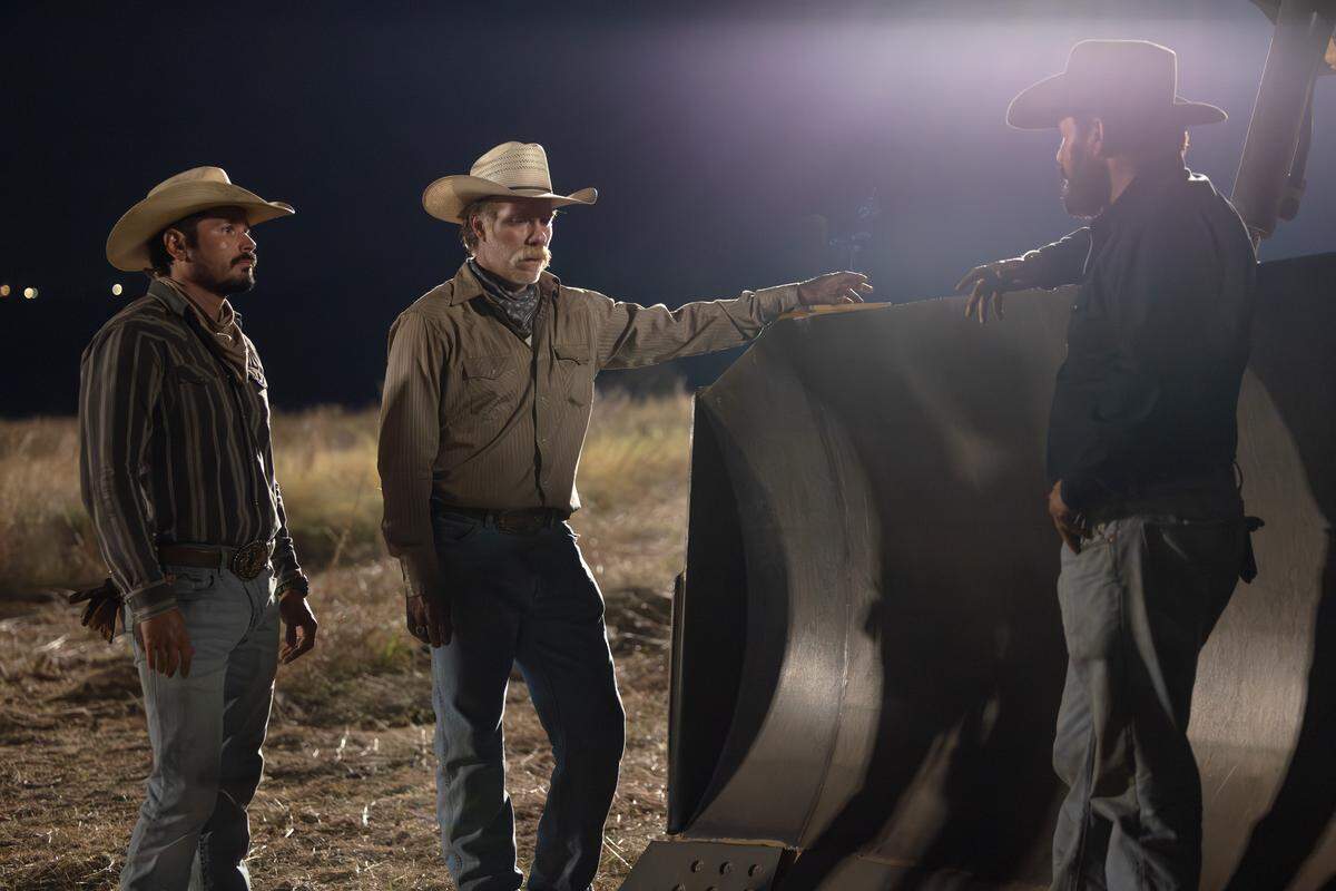 L-R: J.R. Villarreal as Azul, Marc Menchaca as Zachariah, and Cole Hauser as Rip Wheeler in Dutton Ranch, episode 4, season 1, streaming on Paramount+, 2026.