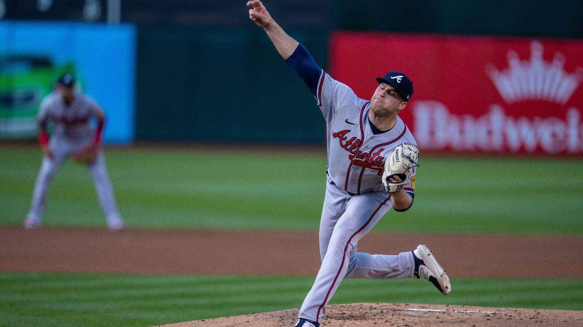 May 30, 2023; Oakland, California, USA; Atlanta Braves starting pitcher Bryce Elder (55) delivers a pitch against the Oakland Athletics during the first inning at Oakland-Alameda County Coliseum.