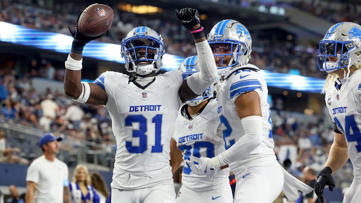Detroit Lions safety Kerby Joseph (31) reacts after intercepting the ball in the end zone on Sunday, Oct. 13, 2024, at AT&T Stadium in Arlington.