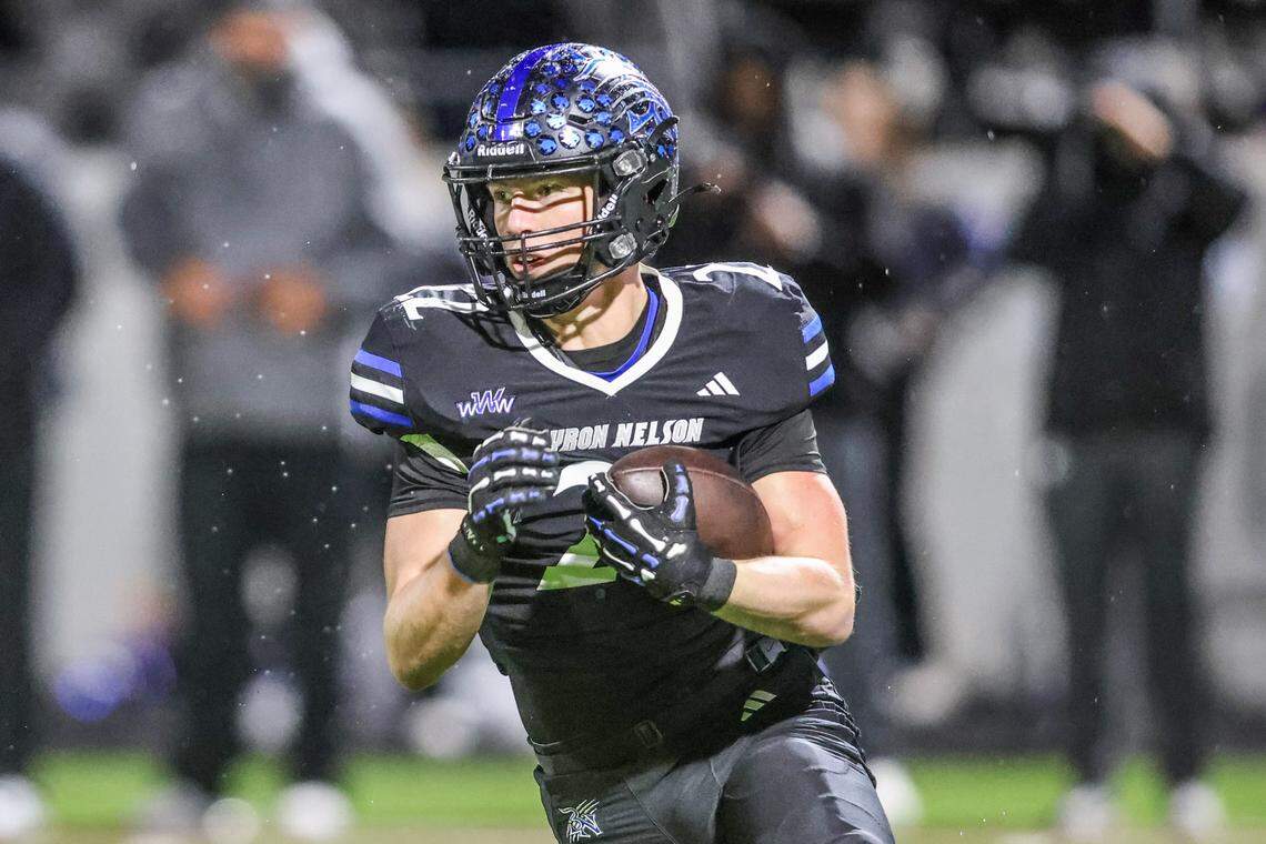 Byron Nelson’s Kooper Kennimer runs against Denton Guyer in a Class 6A Division II regional semifinal Friday, Nov. 28, 2025, at Northwest ISD Stadium in Justin, Texas.