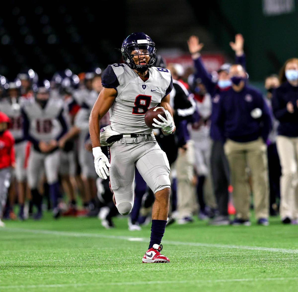 Allen receiver Blaine Green (8) goes 82 yards for a touchdown against South Grand Prairie during the first half of the 6A Division I Area round high school football playoffs, December 18, 2020, played at Globe Life Park in Arlington, Tx. (Steve Nurenberg Special to the Star-Telegram)