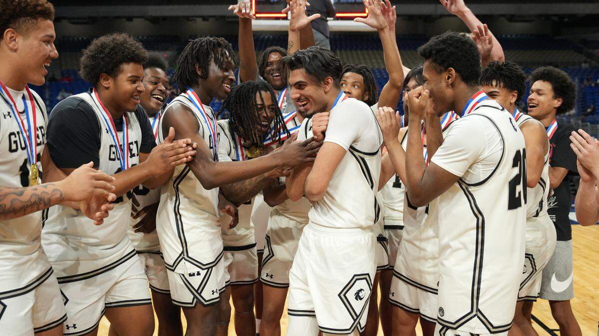 Silas Rodriguez, the championship MVP, is swarmed by his teammates after Denton Guyer’s Class 6A Division II state championship victory over Katy Jordan at Alamodome in San Antonio on Saturday, March 8, 2025.