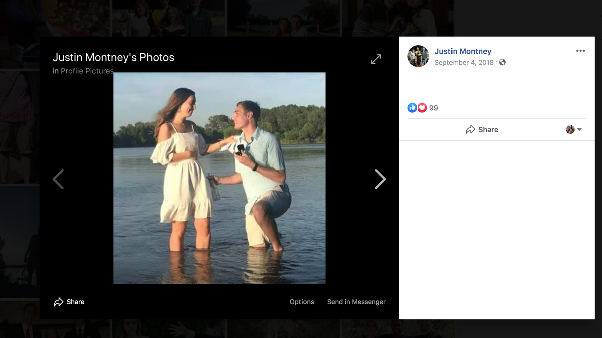 Justin Montney tried to get a refund from a Dallas-based company after his fiancee died months before their wedding. A photo on Montney’s public Facebook shows the couple in 2018.