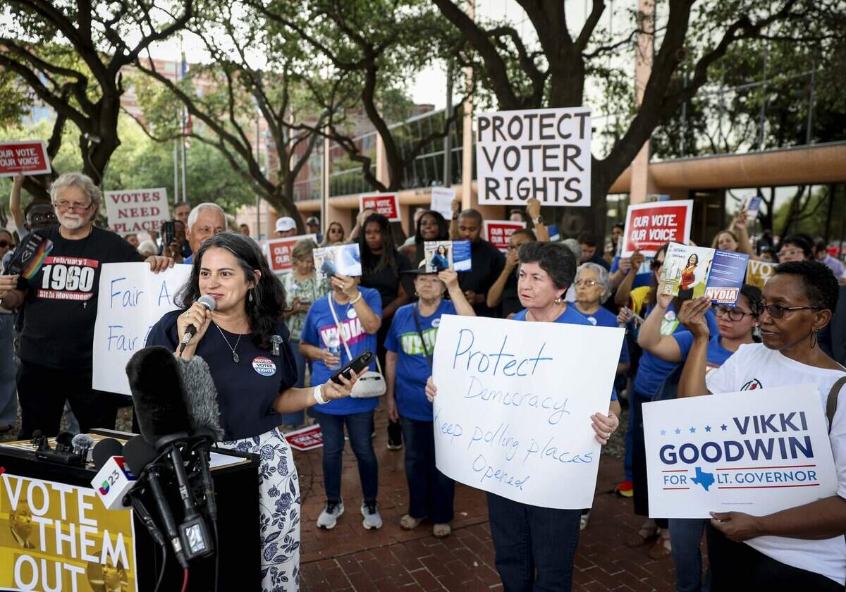 Precinct 4 County Commissioner candidate Nydia Cardenas speaks at a gathering outside of the Tarrant County Commissioners Court to protest the proposed cut of polling places on Tuesday, Aug. 4, 2026 in Fort Worth.