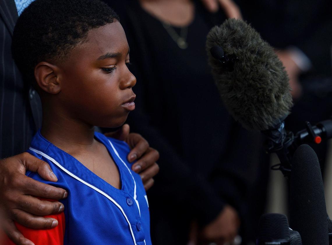 Anthony Johnson Jr.’s nephew Corbin, 10, speaks during a press conference outside of the Tim Curry Criminal Justice Center on Tuesday in Fort Worth. Anthony Johnson Jr.’s death in the Tarrant County Jail was ruled a homicide by asphyxiation.