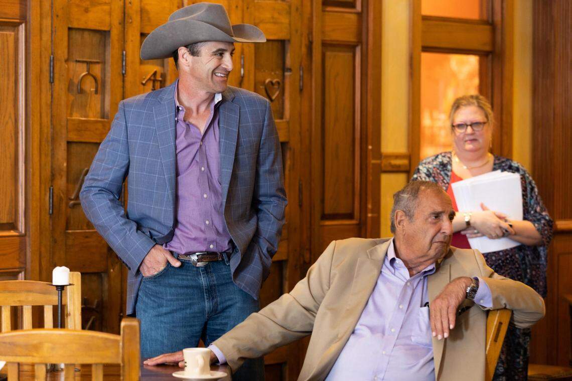 Reata owner Mike Micallef and Al Micallef, founder, chat after announcing the restaurant is searching for new location on Wednesday, March 30, 2022, in downtown Fort Worth.