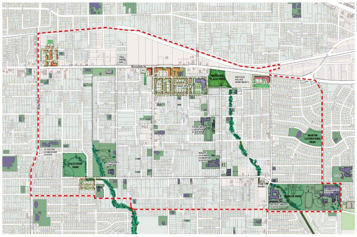 This map shows the boundary of the Stop Six Cavile Place redevelopment. The Cavile Place public housing complex will be torn down and replaced with 1,000 housing units spread throughout the neighborhood.