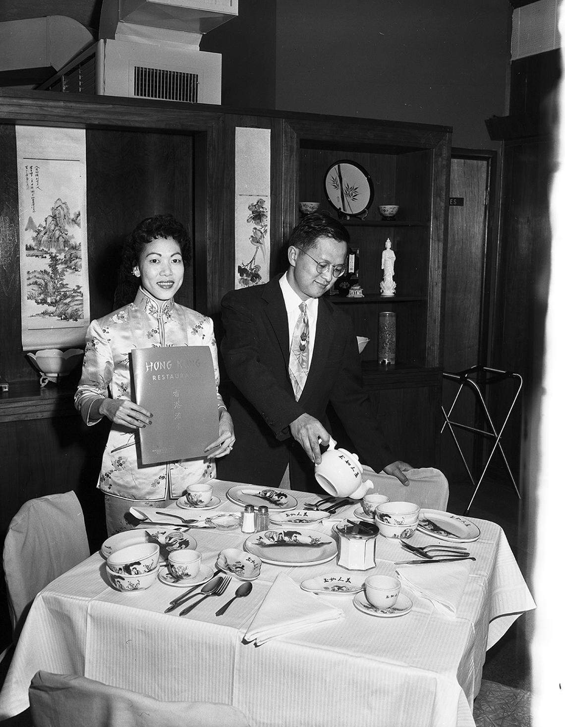 March 26, 1959: Mr. and Mrs. Walter Eng, opening Hong Kong Restaurant in Fort Worth.