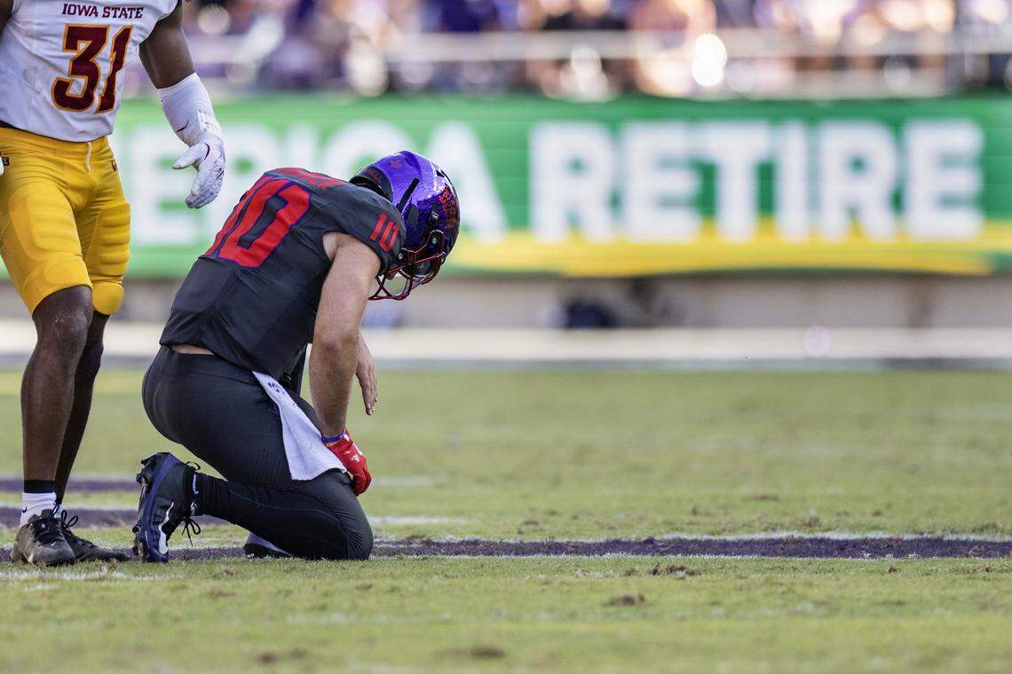 TCU quarterback Josh Hoover (10) reacts after throwing his second interception of the first half of a Big XII football game between the TCU Horned Frogs and the Iowa State Cyclones at Amon G Carter Stadium in Fort Worth on Saturday, Nov. 8, 2025.