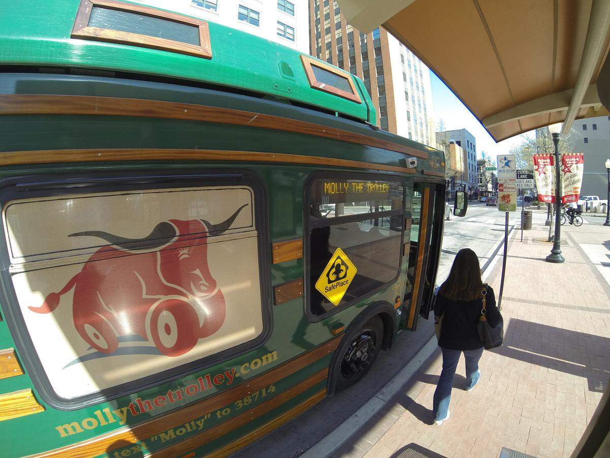 Molly the Trolley at a stop on Houston Street in 2014.