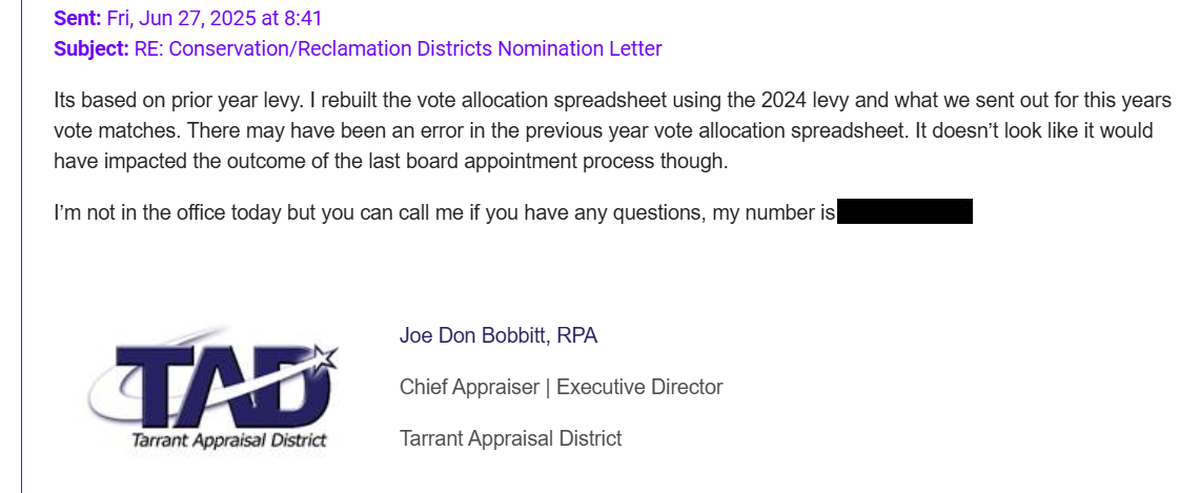 In an email sent to Eric Crile, who found the issue, Chief Appraiser Joe Don Bobbitt admits there was an error in the vote allocation in the 2024 TAD election.