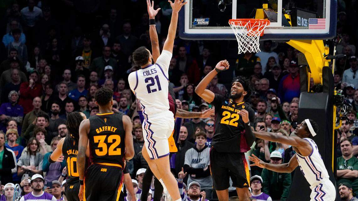 TCU forward JaKobe Coles (21) drives the lane for the game-winning basket to beat Arizona State in the opening round of the NCAA tournament on Friday.