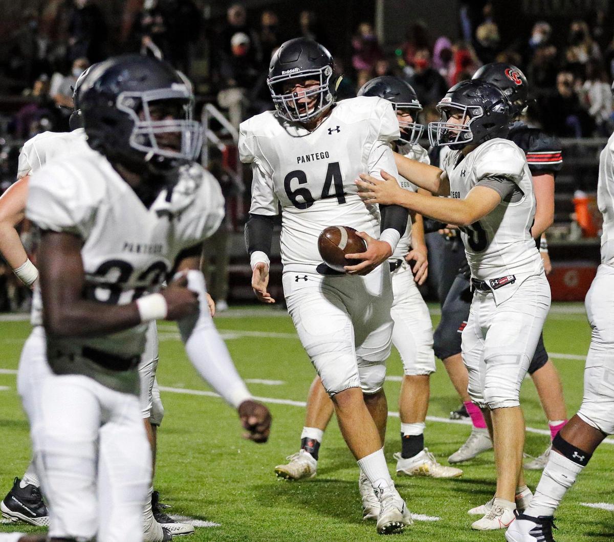 Pantego lineman Ryan Sunderman (64) comes out of the pile with a Dallas Covenant fumble during a high school football game at Dallas Covenant in Dallas, Texas, Friday, Oct. 16, 2020. Pantego lrf 21-0 at the half. (Special to the Star-Telegram Bob Booth)