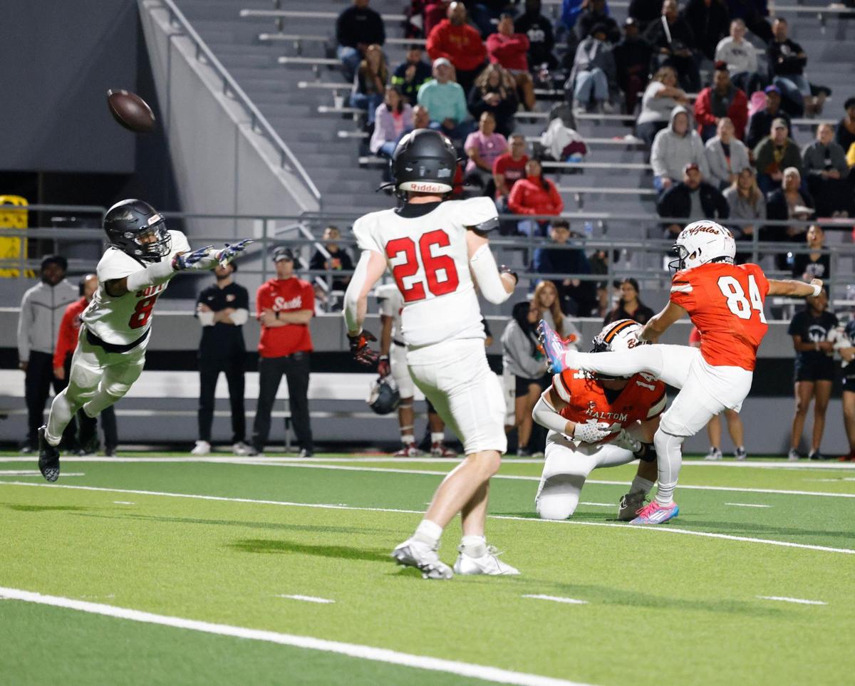 Haltom kicker Saul Segovia (84) puts up the final points of the first half during a UIL District 8-6A football game at Birdville Fine Arts/Activity Complex in North Richland Hills, Texas, Thursday, Oct. 31, 2024.