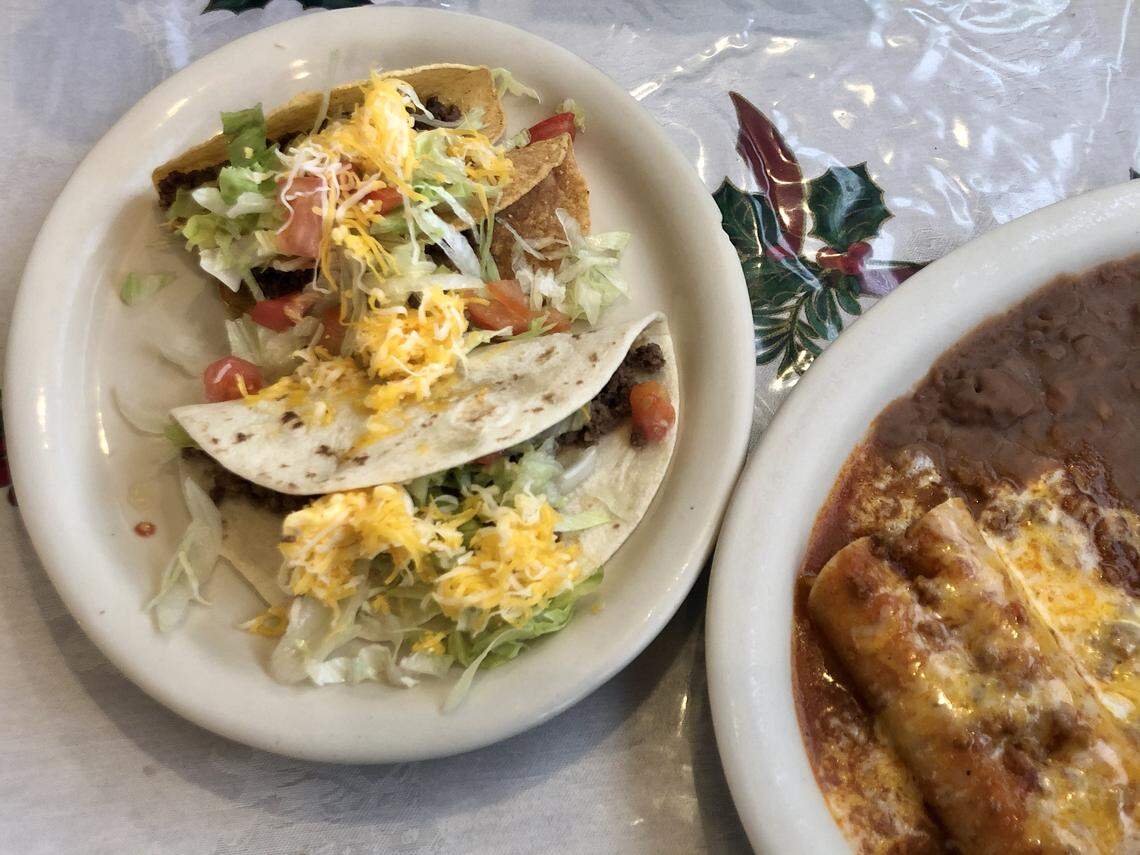 Bigotes offers unlimited enchiladas and tacos for a set price. (Yes, that’s a Christmas tablecloth in midyear.)