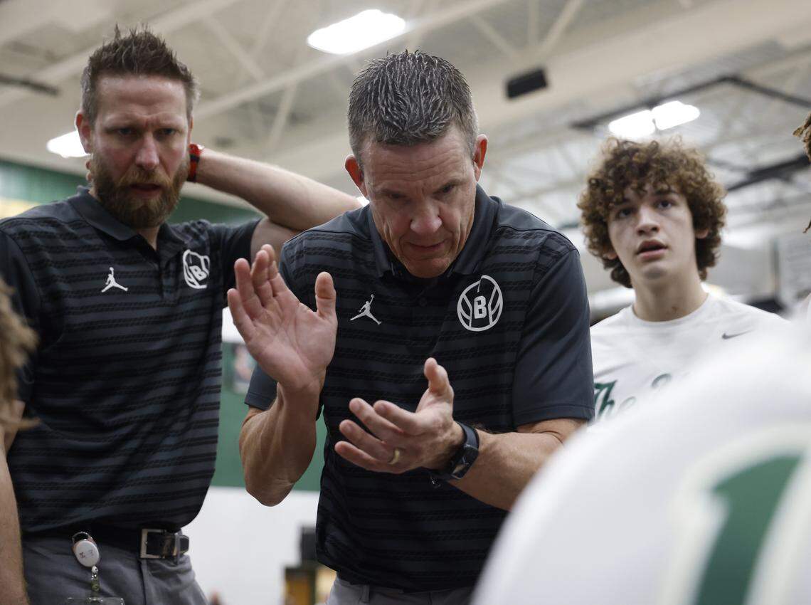 Birdville assistant coach Sean Tippett cheers on the team against Denton Ryan during the second half of a UIL basketball game at Birdville High School in North Richland Hills, Texas, Tuesday Feb. 17, 2026.
