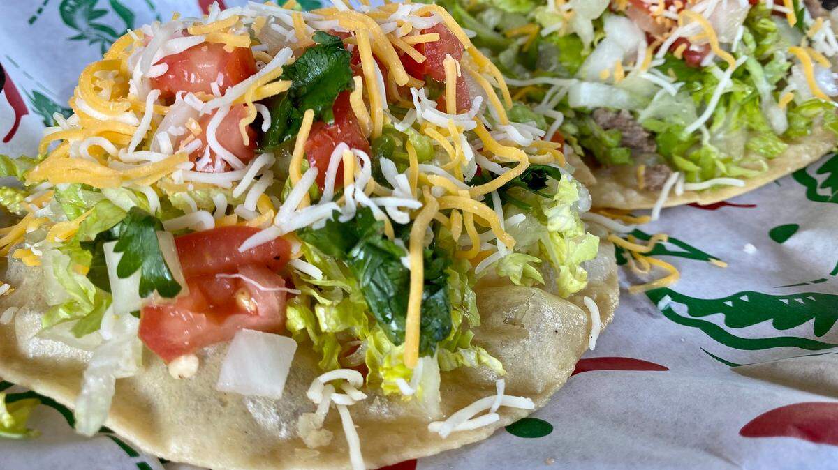 Santa Fe-style “Indian tacos” on a fried flour shell at La Choza west of Lakeside.