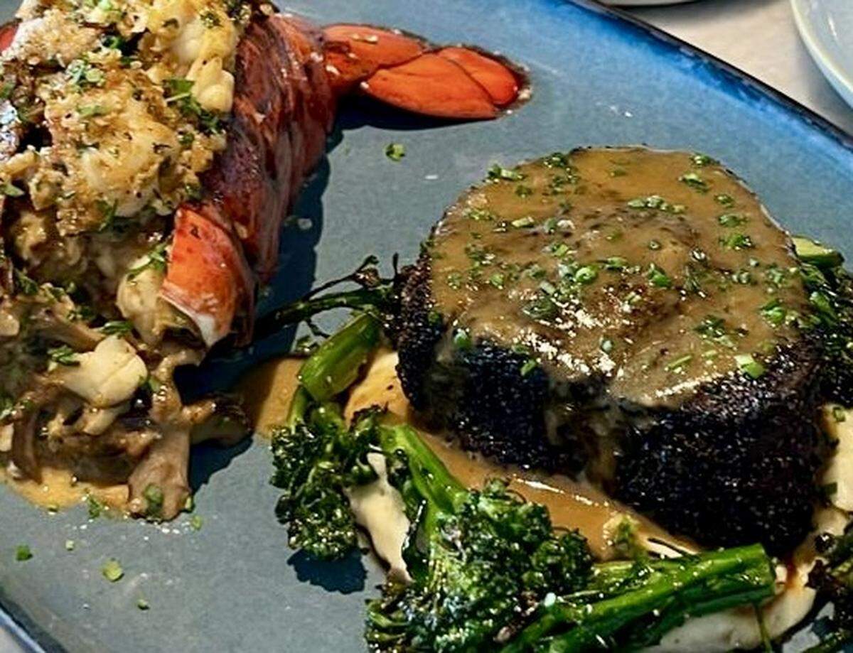 A tenderloin and lobster tail from the New Year’s Eve dinner menu at Quince in Fort Worth and Austin.